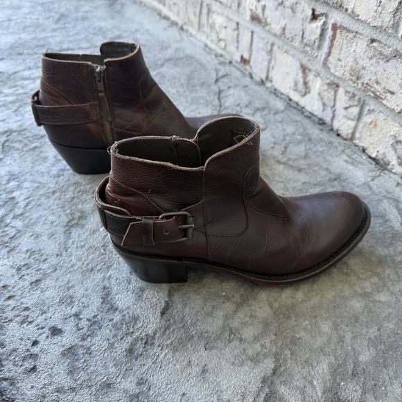 JB Dillon Brown Leather Biker Buckle Zip Up Block Heel Ankle Boots Women's 8.5 - Picture 3 of 11